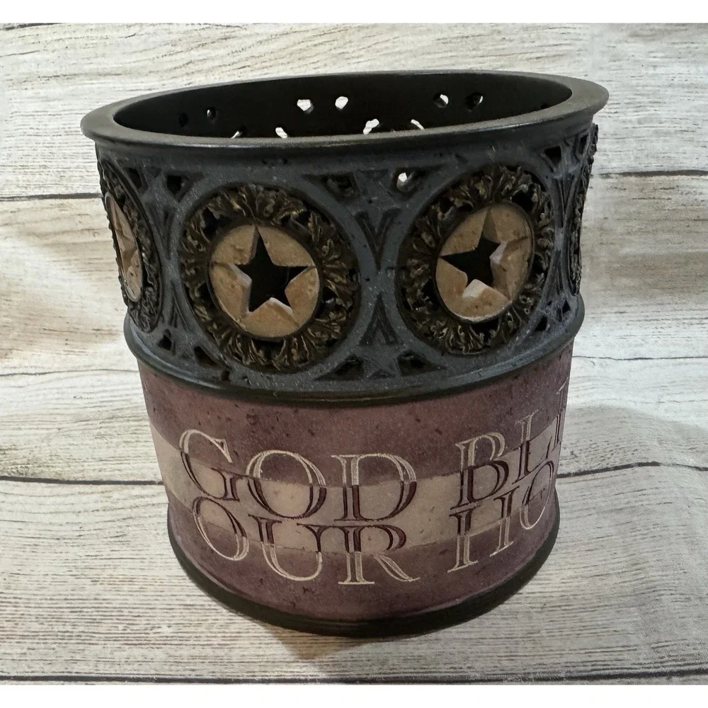 Demdaco Heartstone B Stross Jar Candle Holder Gold Bless Our Home Patriotic Star